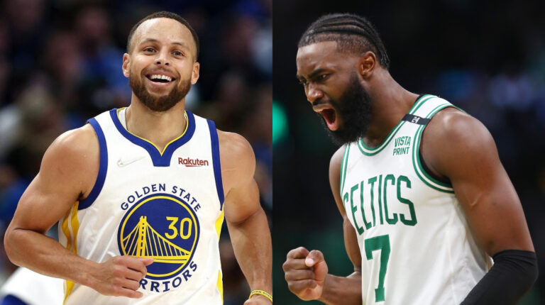 Stephen Curry, de los Golden State Warriors, y Jaylen Brown, de los Boston Celtics.