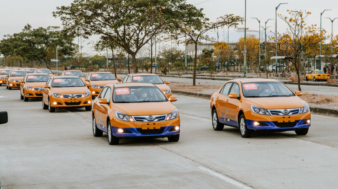 Flota de taxis eléctricos de la empresa BYD en Guayaquil.