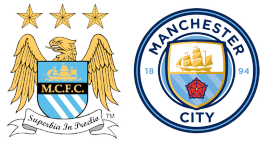 El escudo antiguo (izq) y el nuevo (der) del Manchester City.