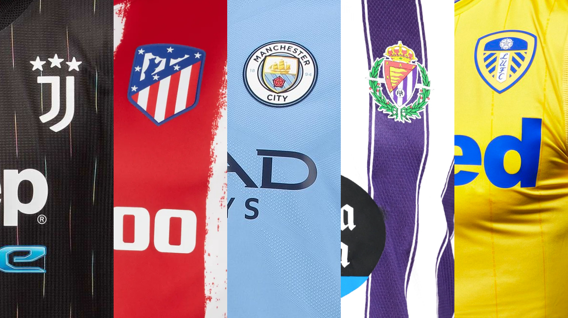 Los escudos y camisetas de Juventus, Atlético Madrid, Manchester City, Real Valladolid y Leeds United.