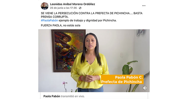 Hasta este jueves Moreno difundía en sus redes mensajes, fotos y videos a favor de la Prefecta Paola Pabón, así como servicios de la Prefectura. Pero él asegura que trabajo ahí hasta el 18 de mayo.