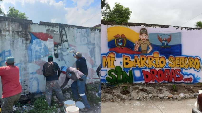 Antes y después de un mural, que tenía grafitis de bandas delictivas que operan en el cerro Las Cabras.