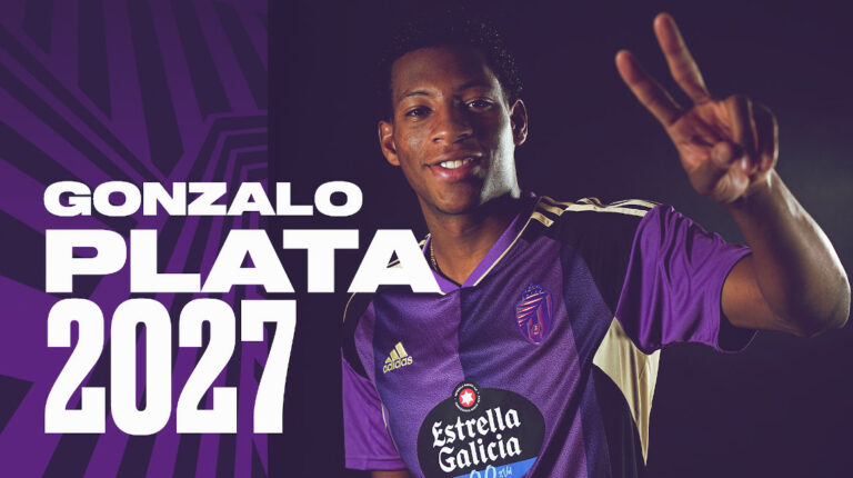 Imagen del Real Valladolid tras confirmar que el jugador ecuatoriano, Gonzalo Plata, estará hasta 2027 con el club español.
