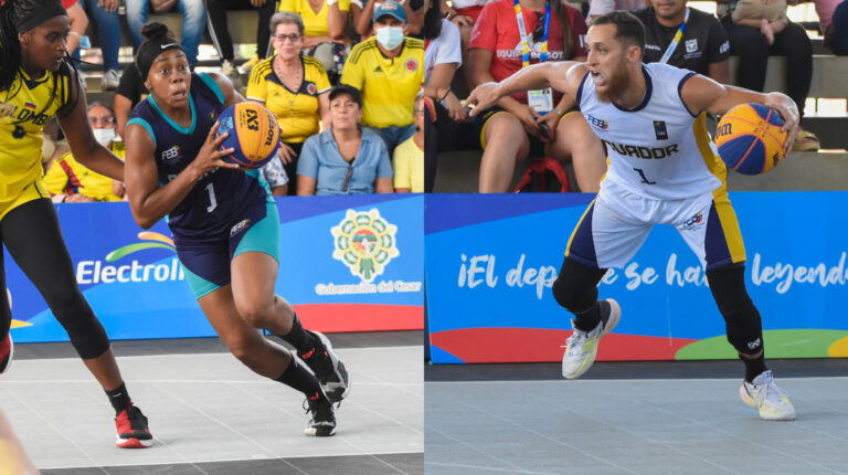 Jugadores de las selecciones femenina y masculina de básquet 3x3 de Ecuador en los Juegos Bolivarianos de Valledupar, en julio de 2022.