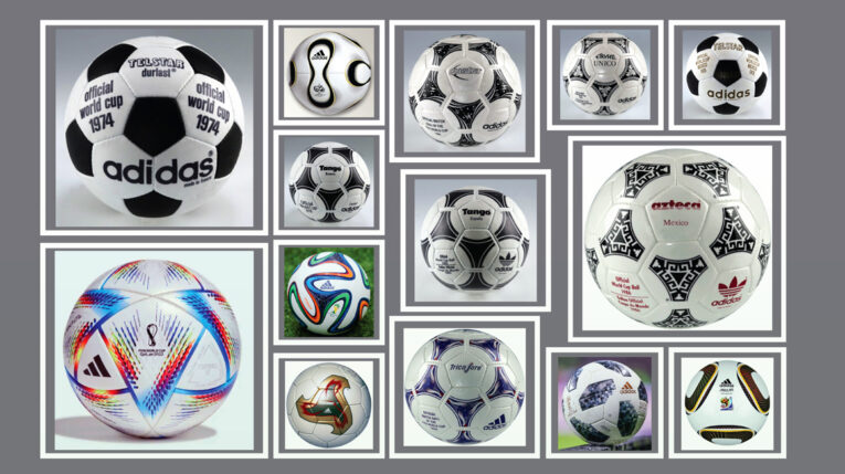 Imagen de los 14 balones oficiales de los Mundiales, desde México 1970 hasta Catar 2022.