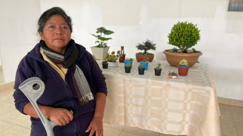 Aurora Charachi junto a las plantas que venden, en Quito, el 5 de agosto de 2022.