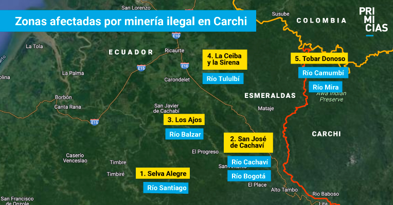 Zonas afectadas por minería ilegal en Carchi