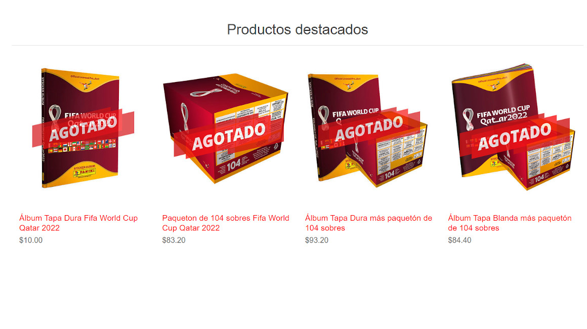 Captura de la página de Panini Ecuador con los productos agotados del álbum del Mundial.