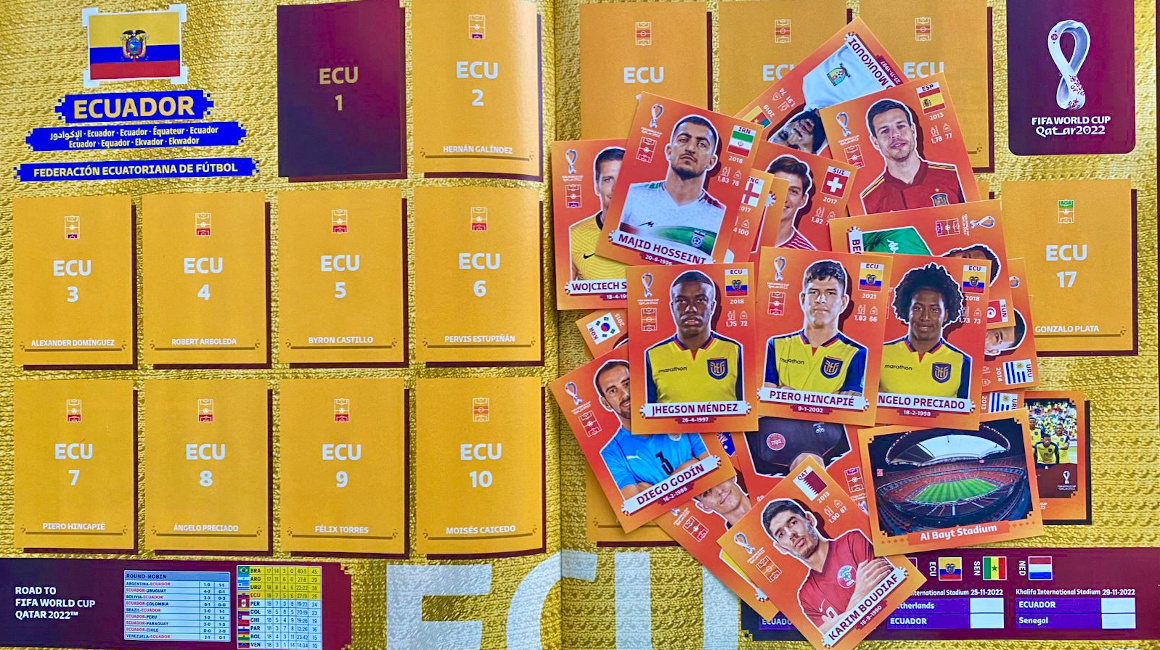 Álbum del Mundial en las páginas de Ecuador con cromos de los futbolistas.