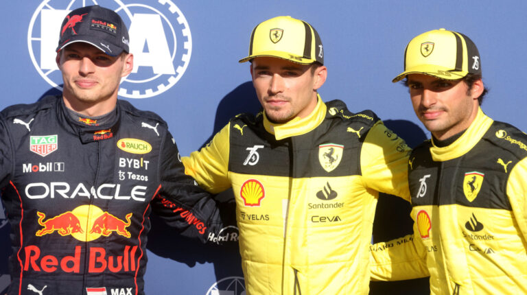 Max Verstappen, Charles Leclerc y Carlos Sainz, durante el Gran Premio de Italia, el 10 de septiembre de 2022.