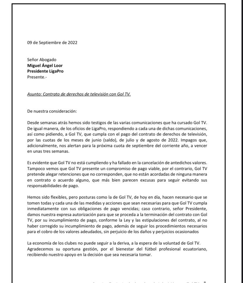 Carta de los clubes enviada a la Liga Profesional, por el incumplimiento de pagos de GolTV.