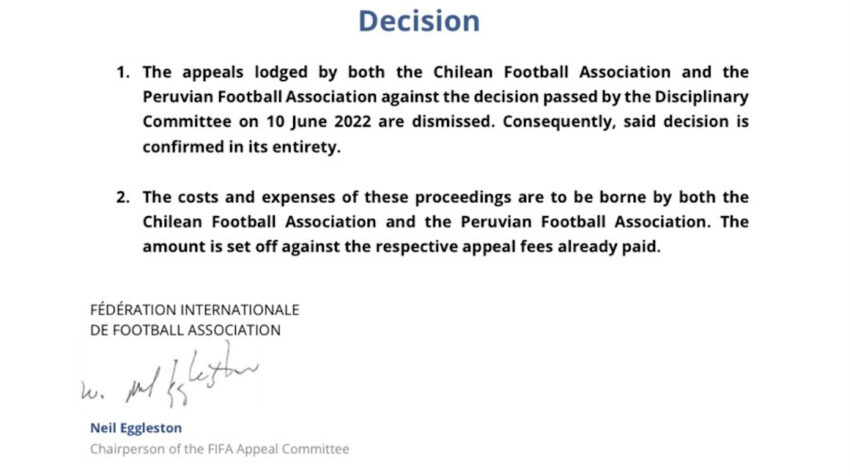 Comunicado de la FIFA a la Federación Ecuatoriana de Fútbol, sobre la resolución en la apelación del caso Byron Castillo, el 16 de septiembre de 2022. 