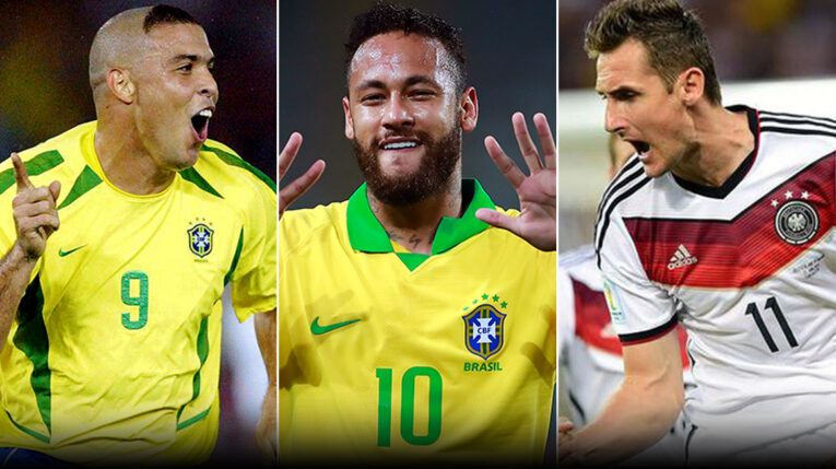 Ronaldo Nazário, Neymar y Miroslav Klose luego de marcar goles con sus selecciones. 