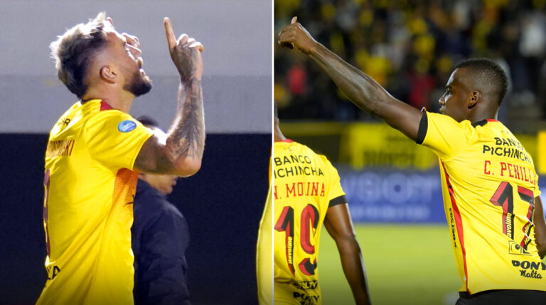 Franciscco Fydriszewski y Cristian Penilla celebran los goles de Aucas y Barcelona en la última fecha de la LigaPro 2022.