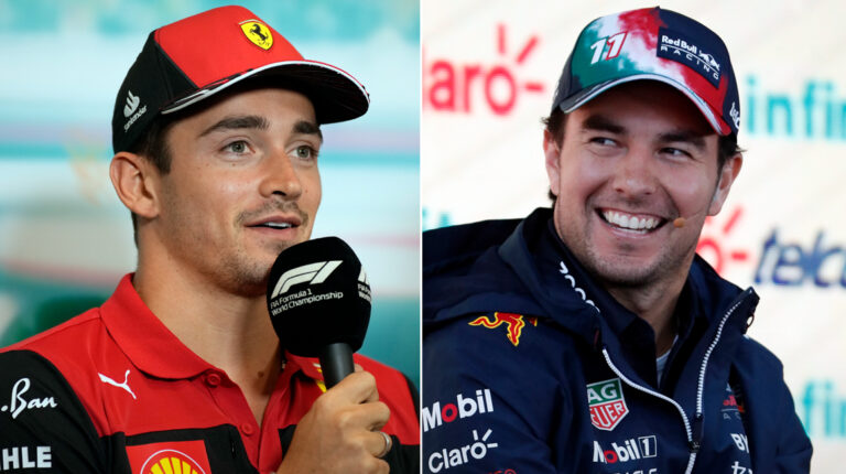 Los pilotos Charles Leclerc (Ferrari) y Sergio 'Checo' Pérez (Red Bull) durante una conferencia de prensa.