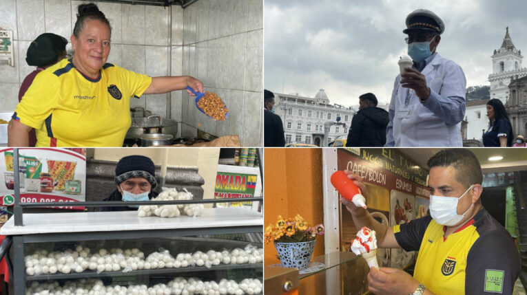 Cuatro personas que venden dulces tradicionales en Quito, en 2022.