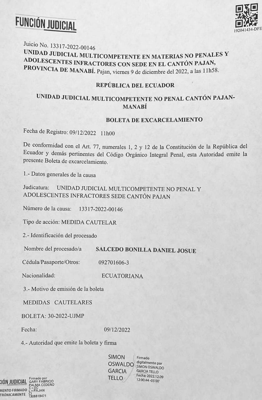Boleta de excarcelación de Daniel Salcedo.