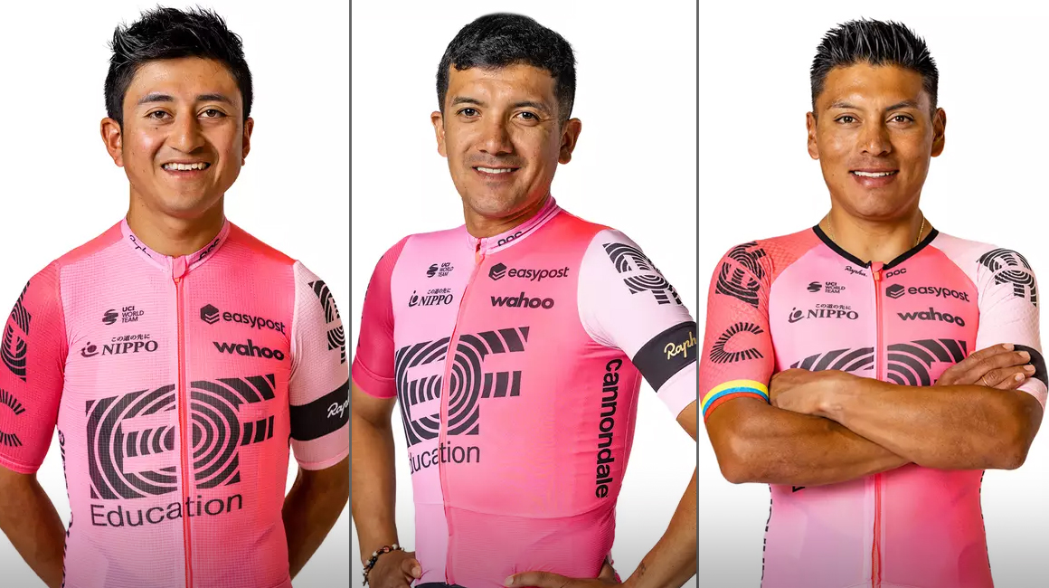 Los ciclistas ecuatorianos  Jefferson Cepeda, Richard Carapaz y Jonathan Caicedo lucen el uniforme del EF para la temporada 2023.
