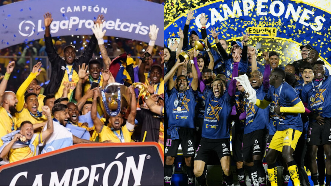 Los equipos de Aucas e Independiente del Valle celebran los campeonatos de LigaPro y Copa Ecuador respectivamente.