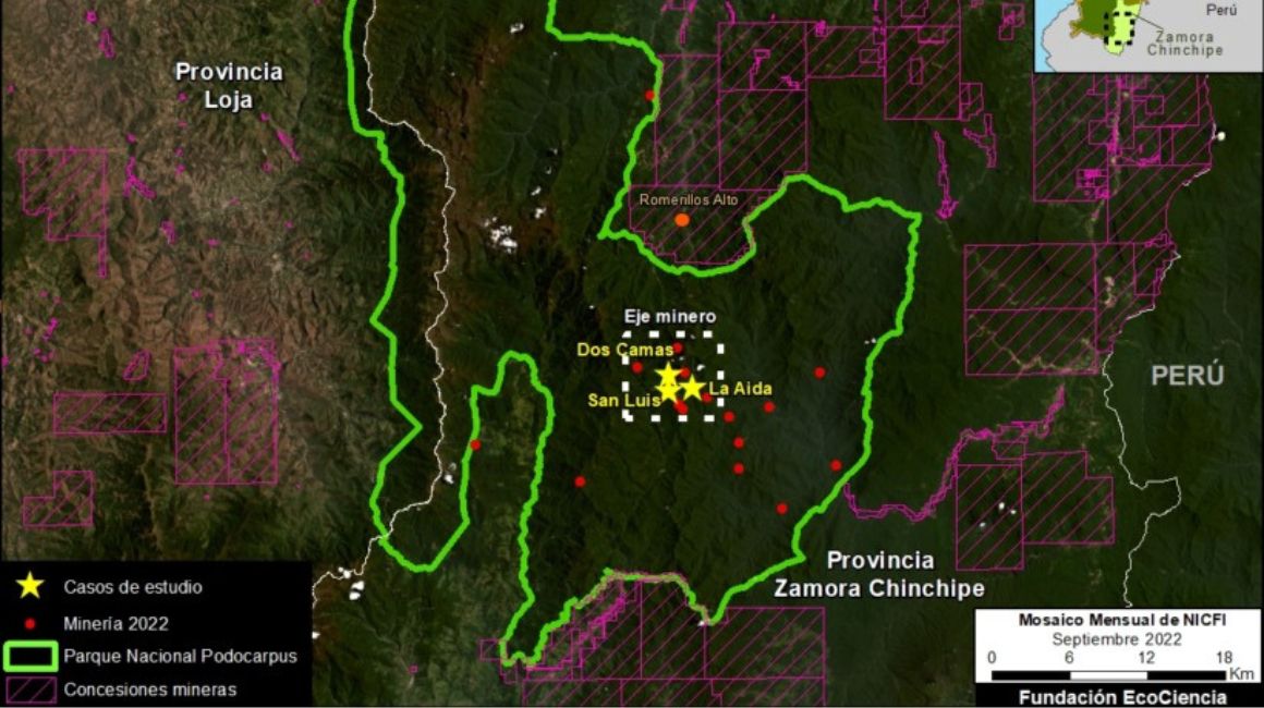 Mapa Minería 2022 en Parque Nacional Podocarpus. Datos: EcoCiencia, Planet, NICFI.