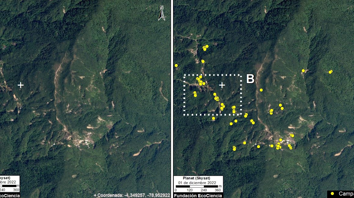 Campamentos detectados en el Caso 3. Frente minero “La Aida”, Parque Nacional Podocarpus, Ecuador.