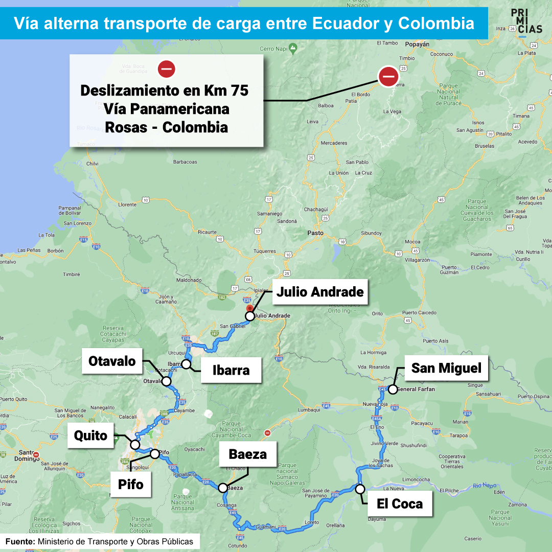 Ruta alterna para transportar carga entre Ecuador y Colombia, desde enero de 2023.