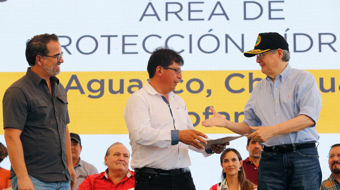 El presidente Lasso Guillermo presentó la nueva área de protección hídrica Aguarico, Chingual y Cofanes, en Lago Agrio, el 28 de enero del 2023.