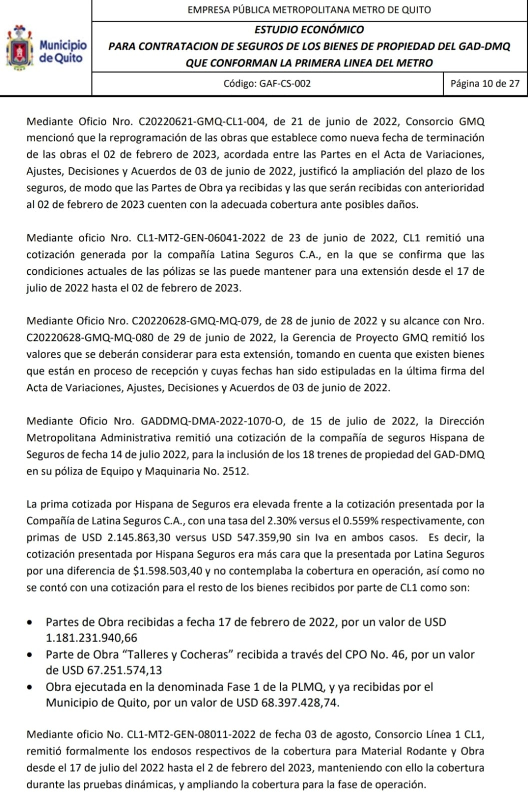 Parte del informe sobre los seguros del Metro de Quito