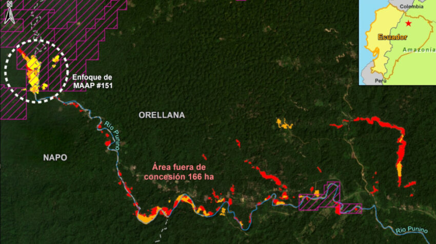 Mapa de las zonas de deforestación por minería ilegal en las riberas del río Punino. Febrero de 2023.