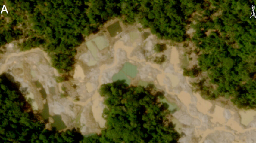 Imagen satelital de la deforestación en las orillas del río Punino por la minería ilegal.