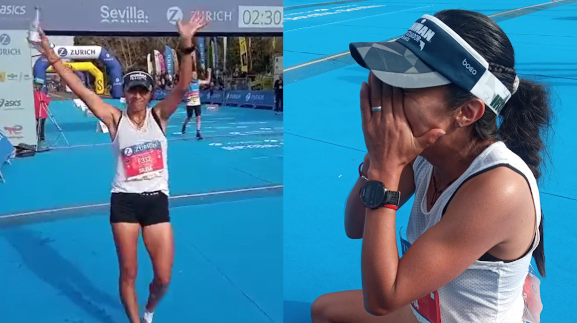 La atleta Silvia Ortiz luego de competir en la maratón de Sevilla, el 19 de febrero de 2023.