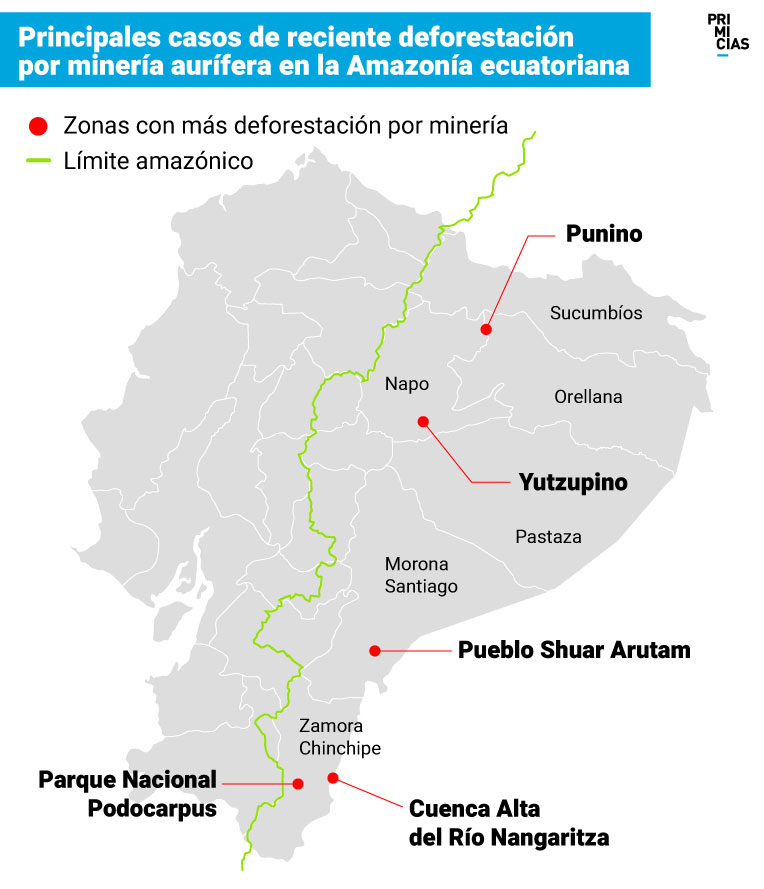 Principales casos de reciente deforestación por minería aurífera en la Amazonía ecuatoriana