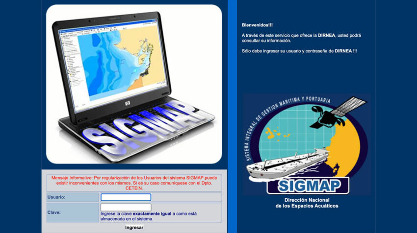 Sitio web de la Dirección de Espacios Acuáticos por donde se ingresa al Sistema de Gestión Marítima y Portuaria (Sigmap).