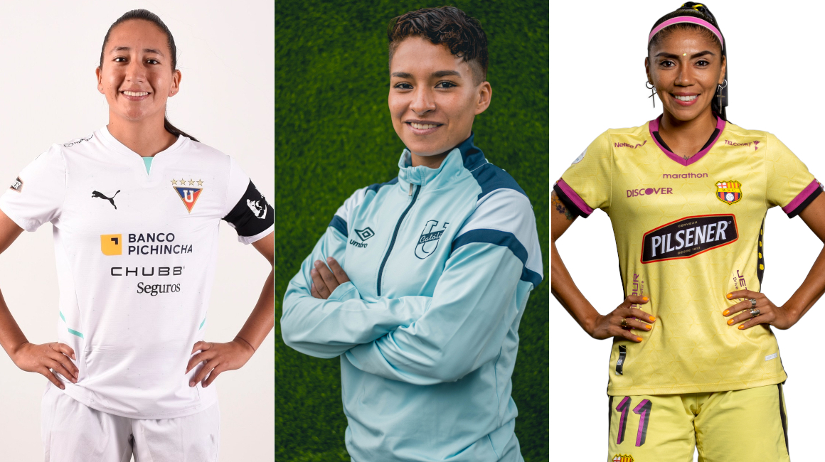 Belén Aragón, Salomé Mantilla y Madelen Riera, tres jugadoras de fútbol destacadas de Ecuador.