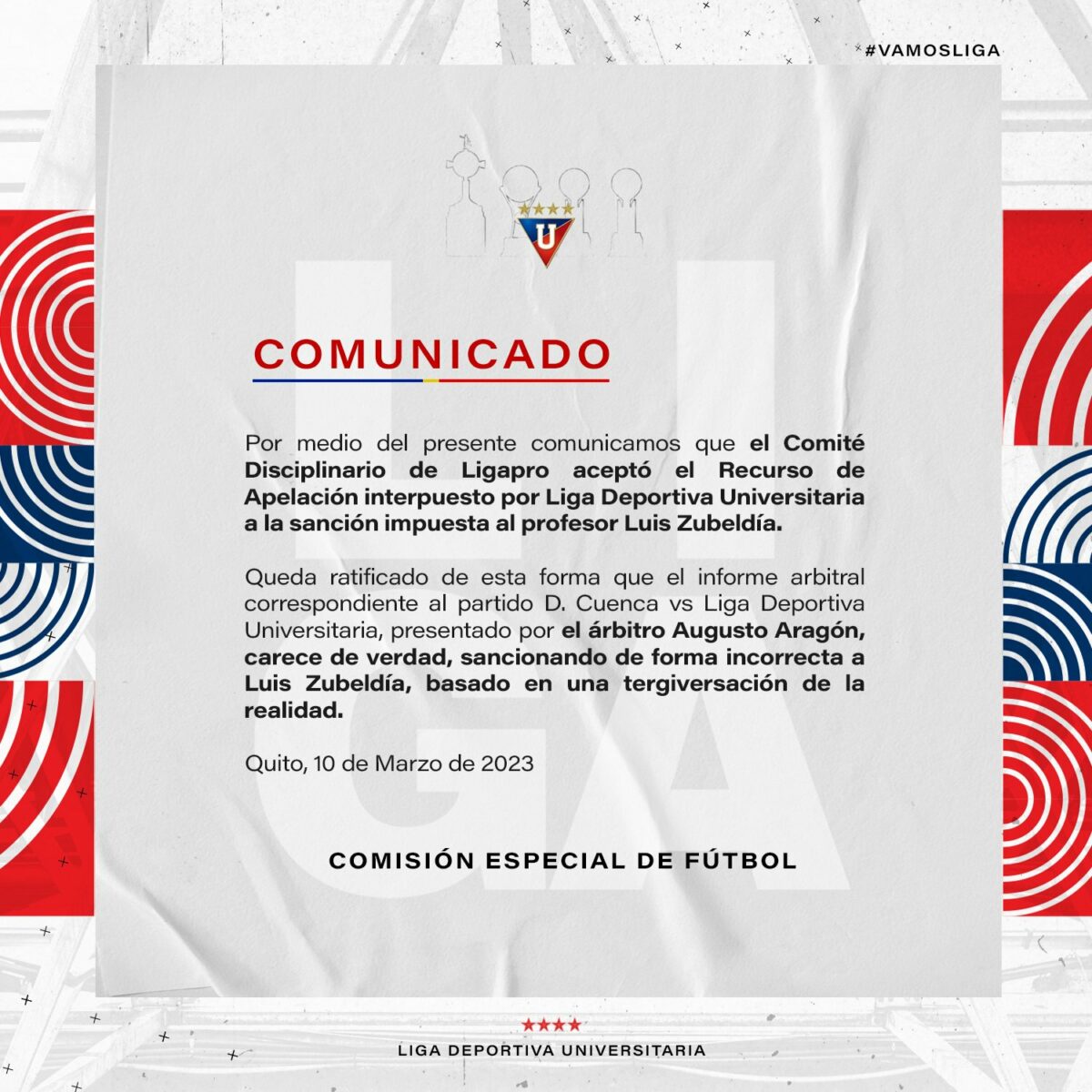 Comunicado de Liga de Quito, publicado el 10 de marzo de 2023.