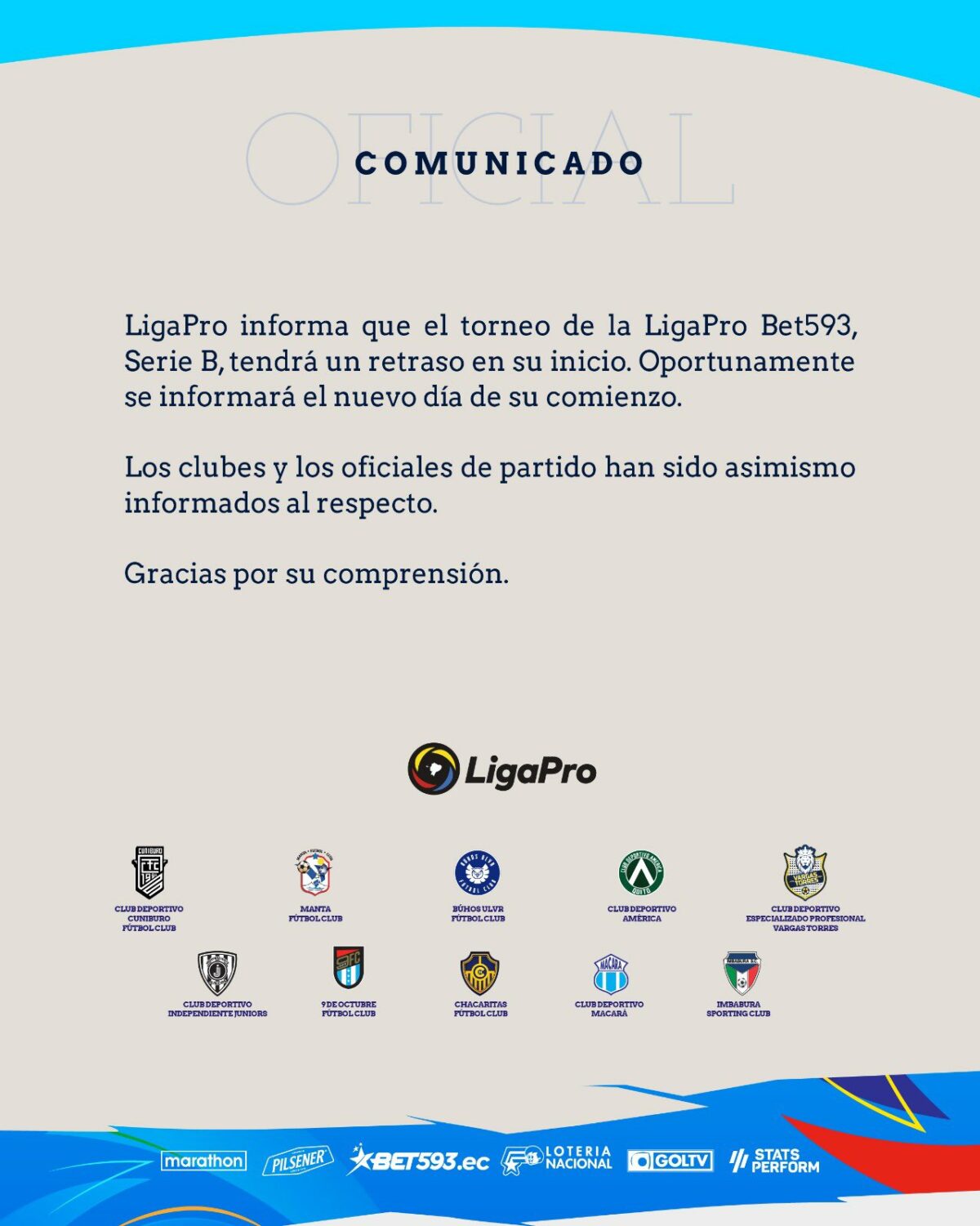 Comunicado de la LigaPro, emitido el 11 de marzo de 2023.