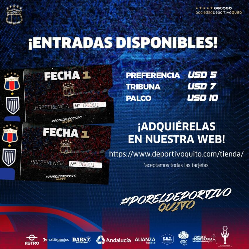 Precios de las entradas para el Deportivo Quito vs. Sandino.