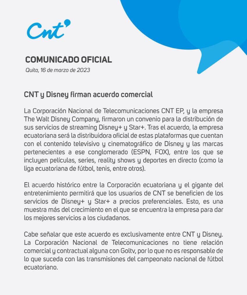 Acuerdo de CNT y Disney para la transmisión de la LigaPro 2023.