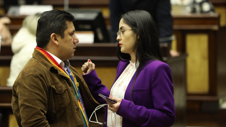 Viviana Veloz (UNES), proponente del juicio político contra Guillermo Lasso, y Mario Ruiz, nuevo jefe de la bancada Pachakutik.