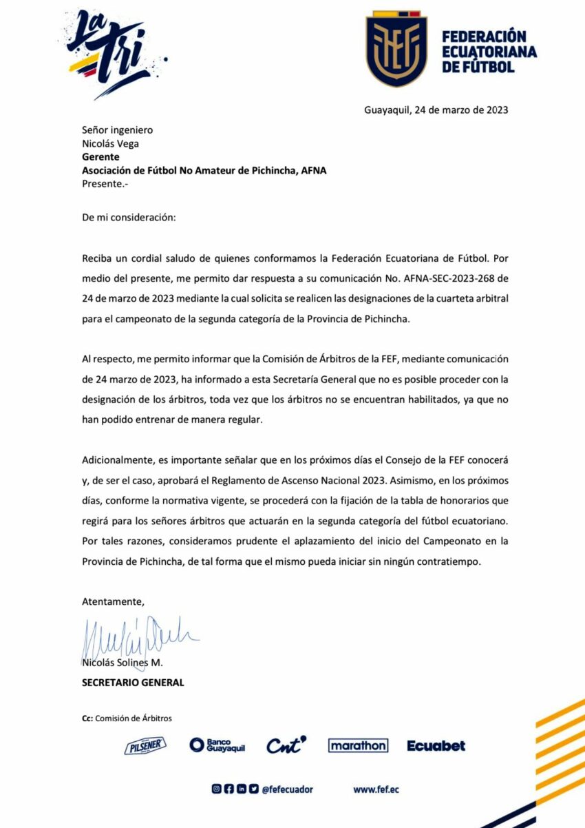Carta de la FEF sobre el inicio de la Segunda Categoría.
