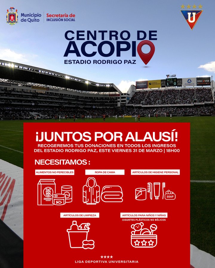 Liga de Quito recibirá donaciones en su estadio.