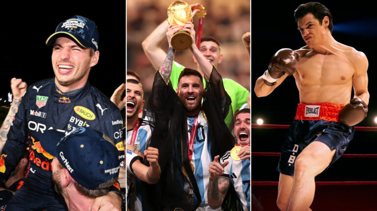 Max Verstappen celebrando el título de la F1, Lionel Messi con la Copa del Mundo y de Jerónimo Bosia, actuando como el boxeador 'Ringo' Bonavena.