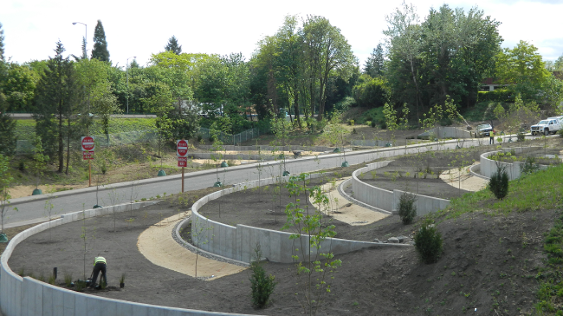 Diseño de jardines de  lluvia en la ciudad de Portland, Oregón, Estados Unidos. También se pueden aplicar estanques para retener mayores cantidades de lluvia. 