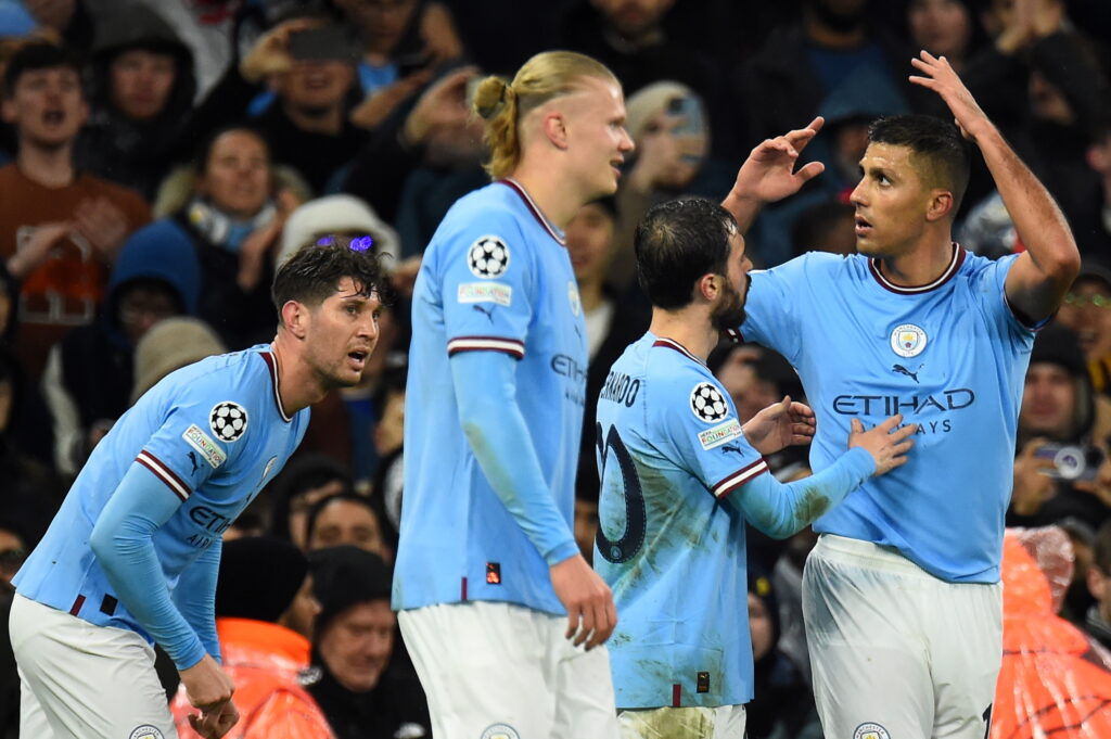 Los jugadores del Manchester City celebran en el partido ante el Bayern Múnich, el 11 de abril de 2023.