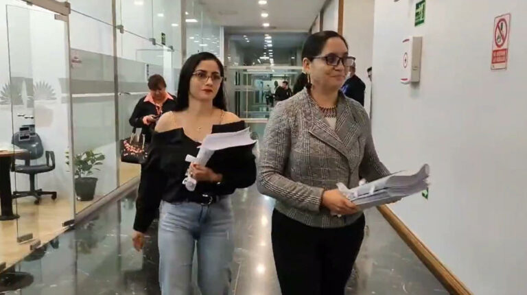 Las asambleístas Viviana Veloz (UNES) y Mireya Pazmiño (Pachakutik) presentaron las pruebas.