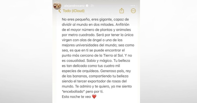 Mensaje de Alejandro Sanz para Ecuador, este 22 de abril.