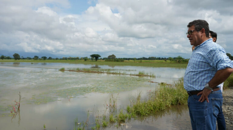 Ministro de Agricultura y Ganadería, Eduardo Izaguirre, en una visita a cultivos de arroz en el cantón Montalvo, provincia Los Ríos, afectados por las lluvias, el 23 de marzo de 2023.