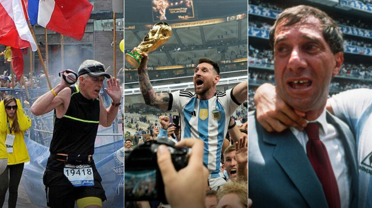 Imágenes referenciales del atentado del maratón de Boston, el título de Argentina en Qatar 2022 y del técnico Carlos Bilarlo.