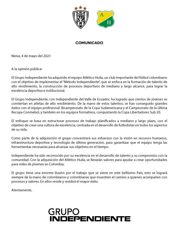 Comunicado del Grupo Independiente sobre la compra de Atlético Huila. 