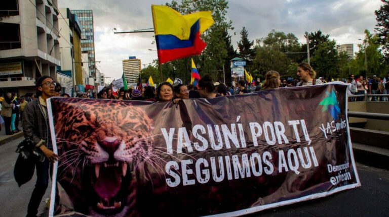 Miembros del colectivo Yasunidos, en una manifestación el 18 de abril de 2023, en Quito.